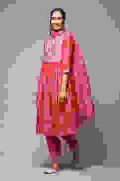 Bright Pink Cotton Blend Layered Kurta Salwar Suit Set image number 6