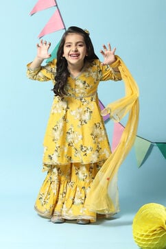 Yellow Cotton Gathered Kurta Garara Suit Set image number 0