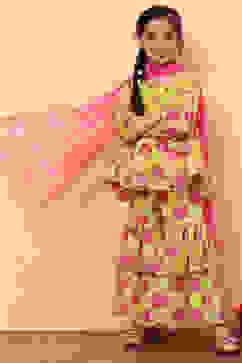 Lime Green Poly Georgette Floral Gathered Flared Suit Set image number 0