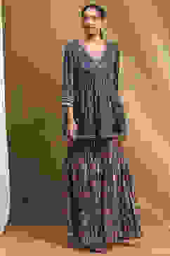 Navy Blue Viscose Floral Peplum Suit Set image number 6