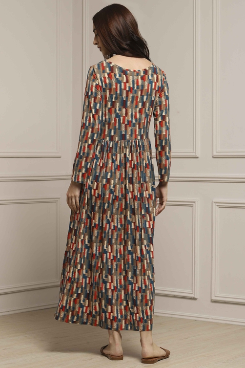 Beige & Brown Cotton Blend Flared Printed Dress image number 3