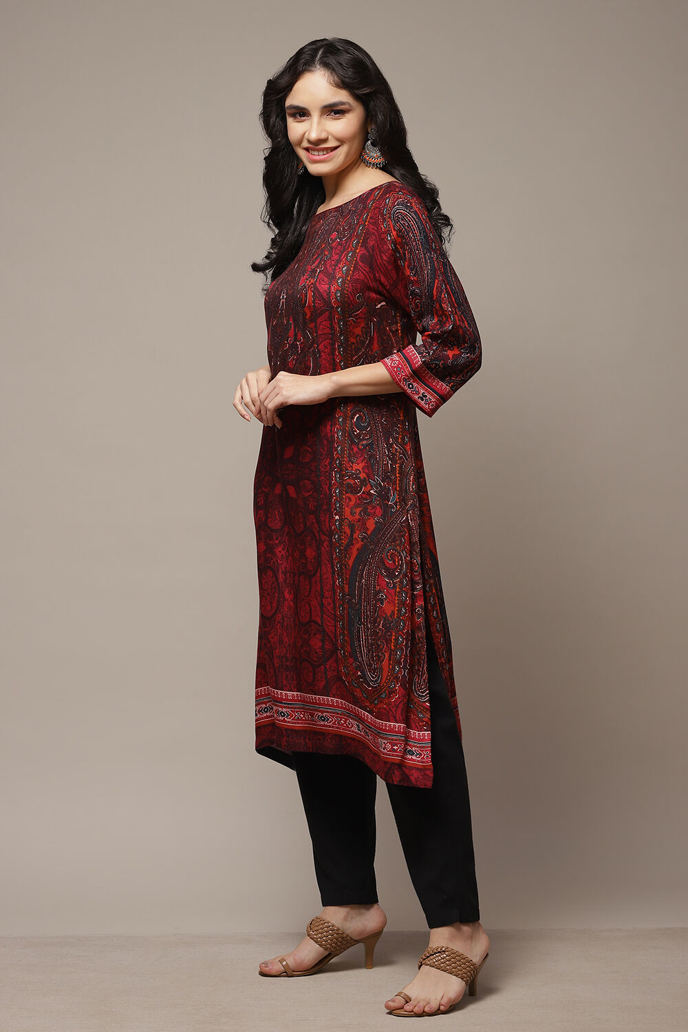 Red Viscose A-Line Printed Kurta image number 3