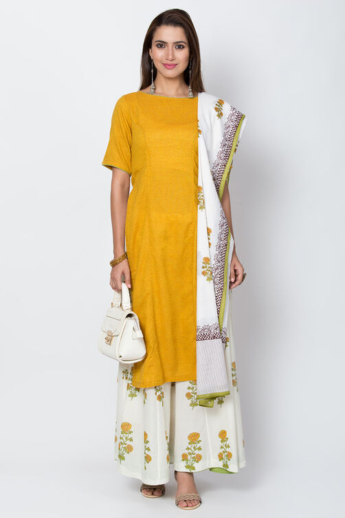 Mustard Cotton Straight Kurta Sharara Suit Set image number 5