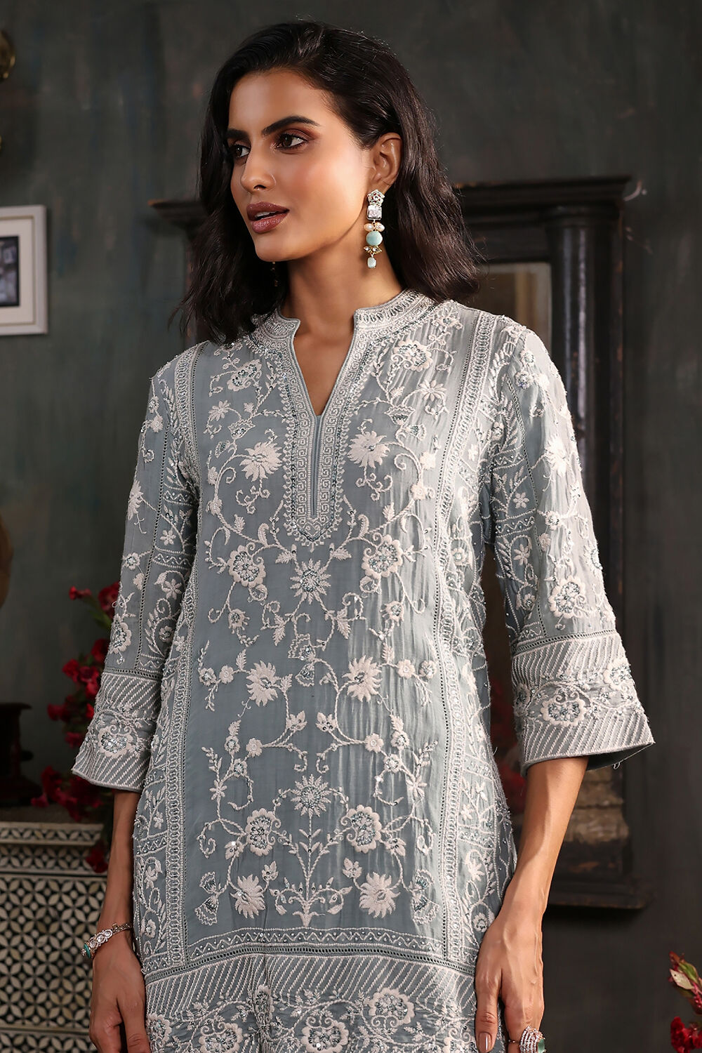 Earthy Blue Chanderi Embroidered Straight Suit Set image number 1