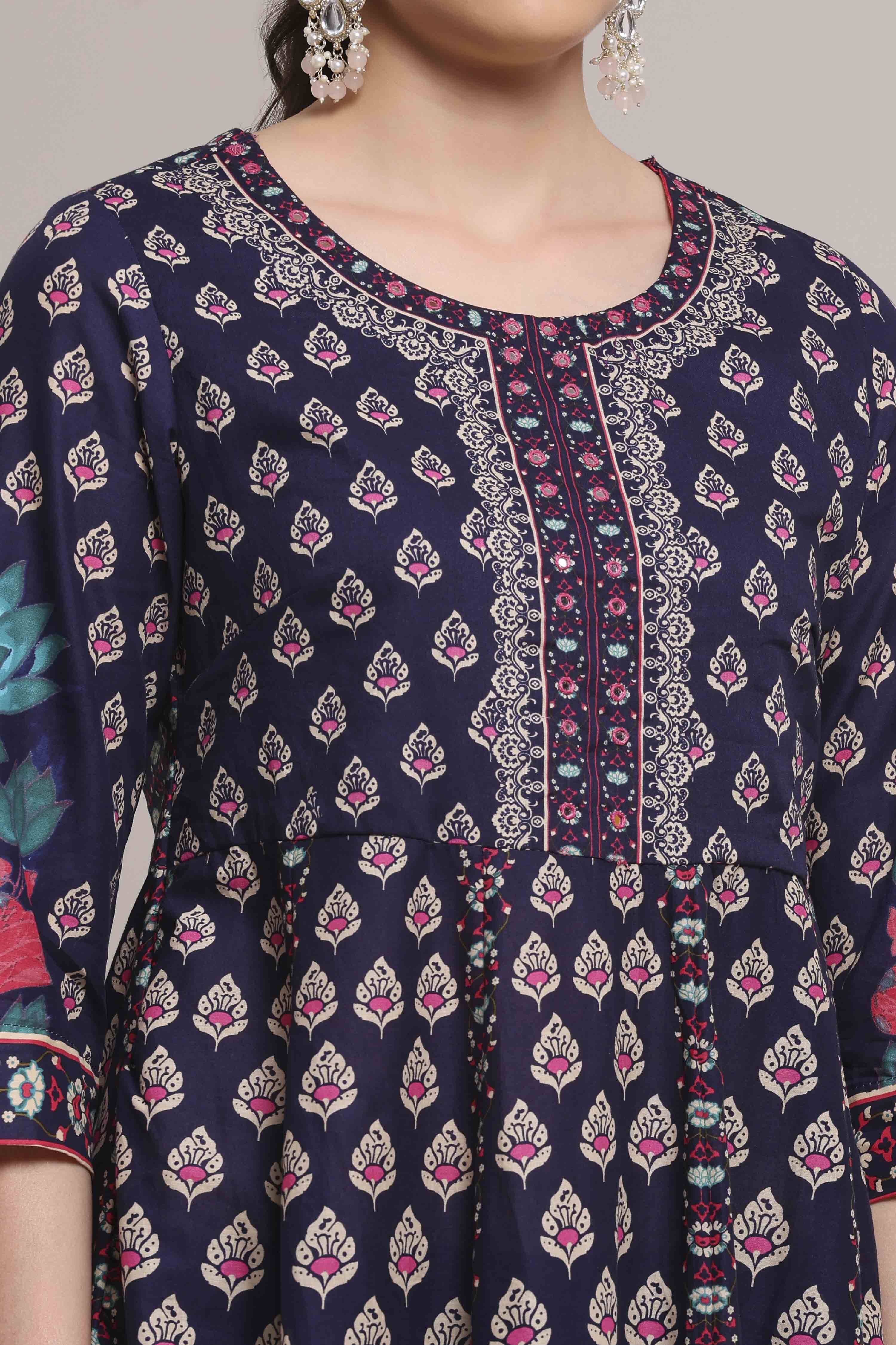 Navy Blue Cotton Printed Anarkali Suit Set image number 1