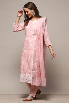 Pink Linen Unstitched Suit Set image number 5