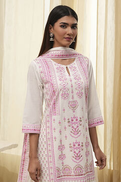 Off-White and Pink Cotton Straight Suit Set image number 1