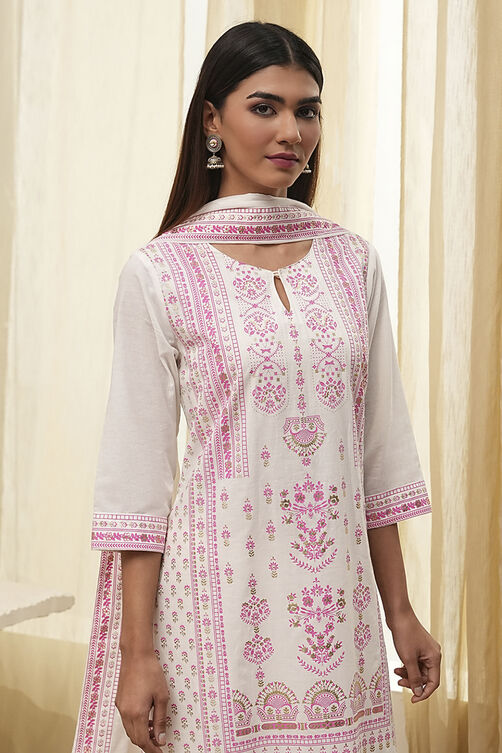 Off-White and Pink Cotton Straight Suit Set image number 1