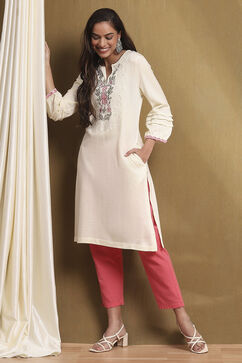 Cream-Colored Acrylic Winter wear Straight Kurta image number 0