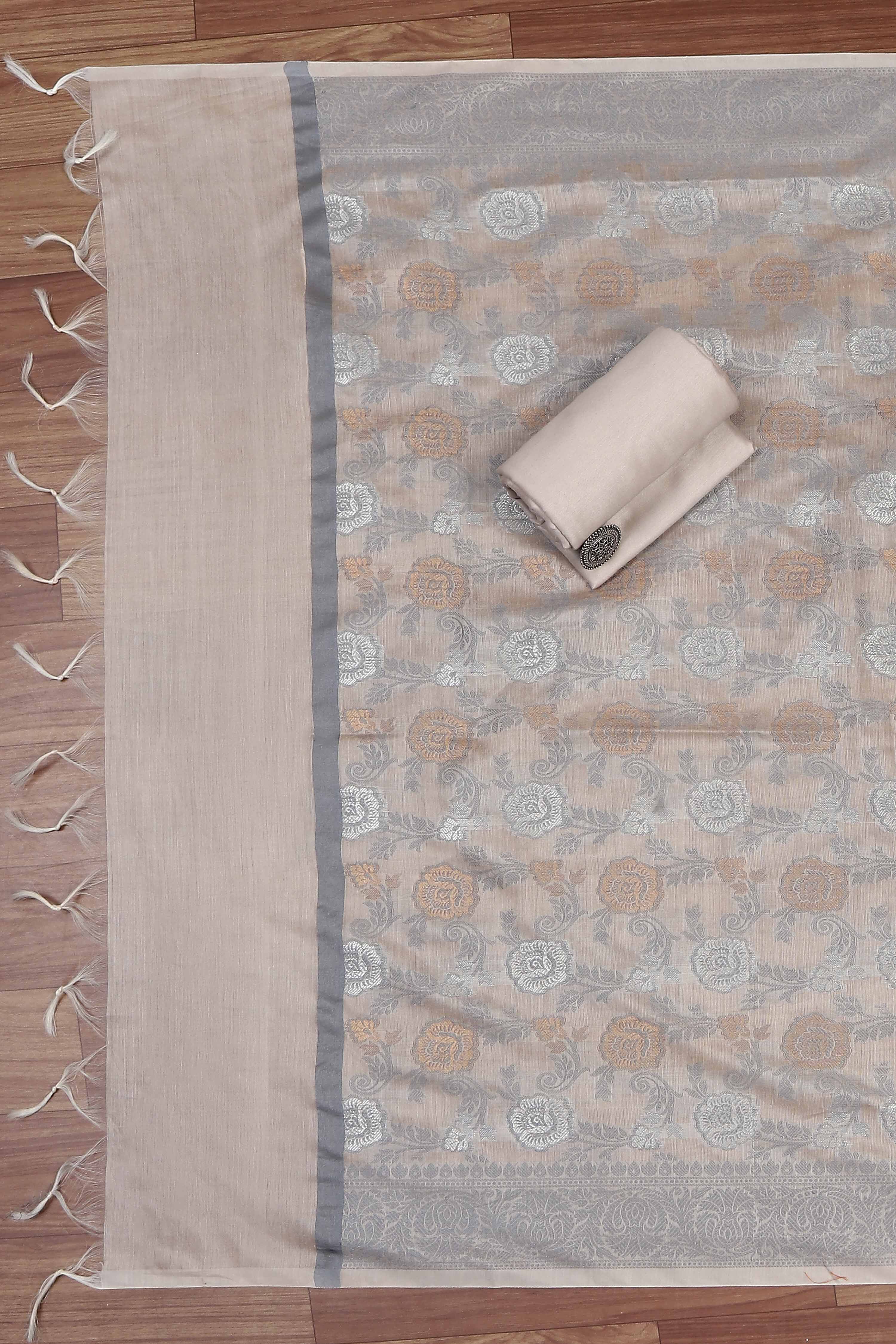 Beige Cotton Printed Embroidered Unstitched Suit Set image number 3