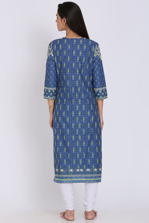 Indigo Cotton Straight Printed Kurta image number 4