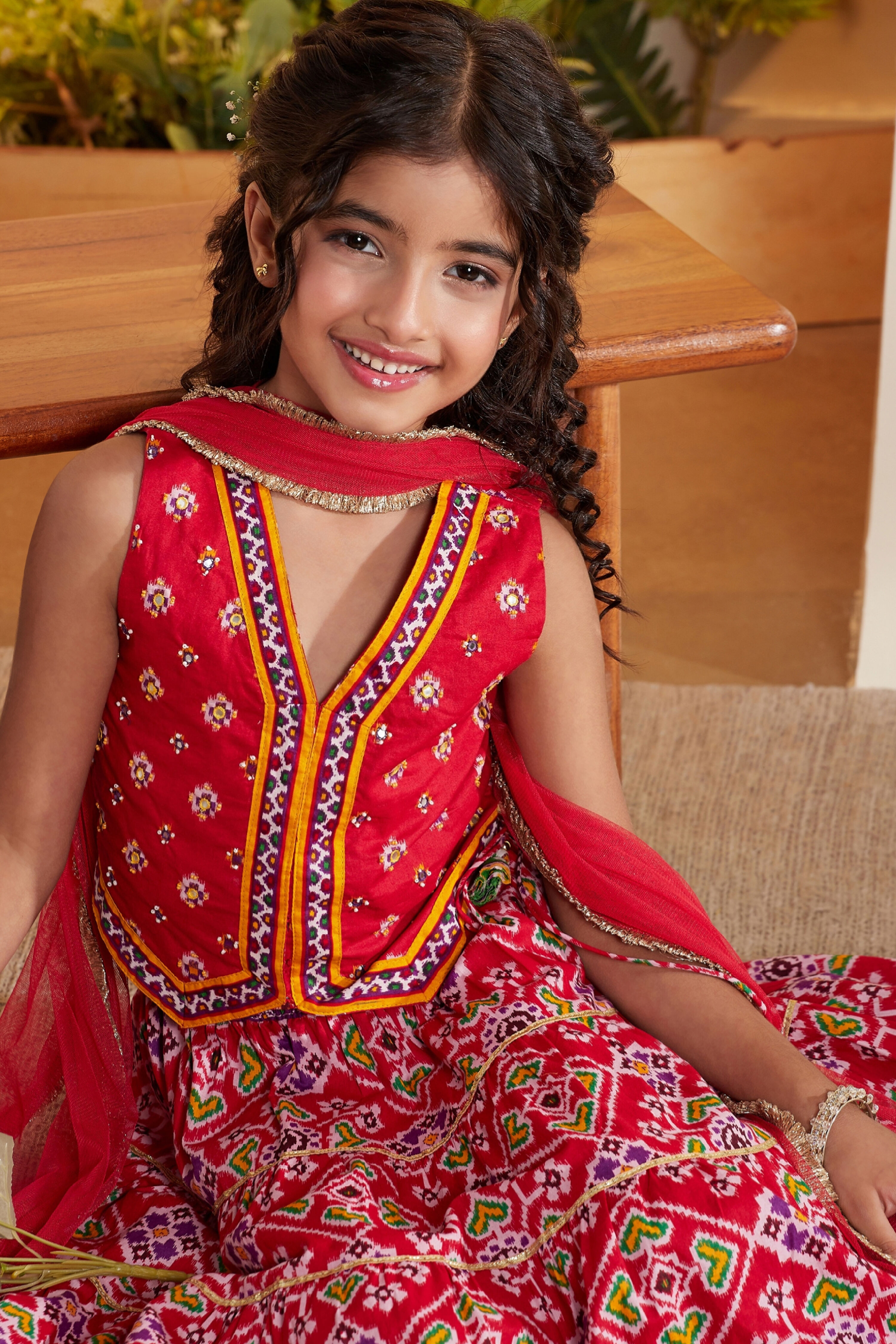 Red Cotton Printed Tiered Lehenga Set image number 1