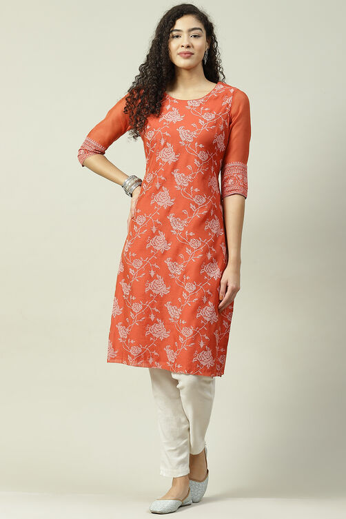 Burnt Orange Art Silk Straight Printed Kurta image number 0