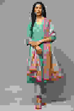 Green Cotton Kalidar Kurta Pants Suit Set image number 7