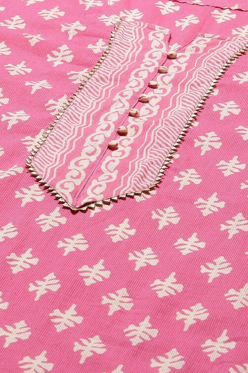 Pink Cotton Screen Print Unstitched Suit Set image number 1