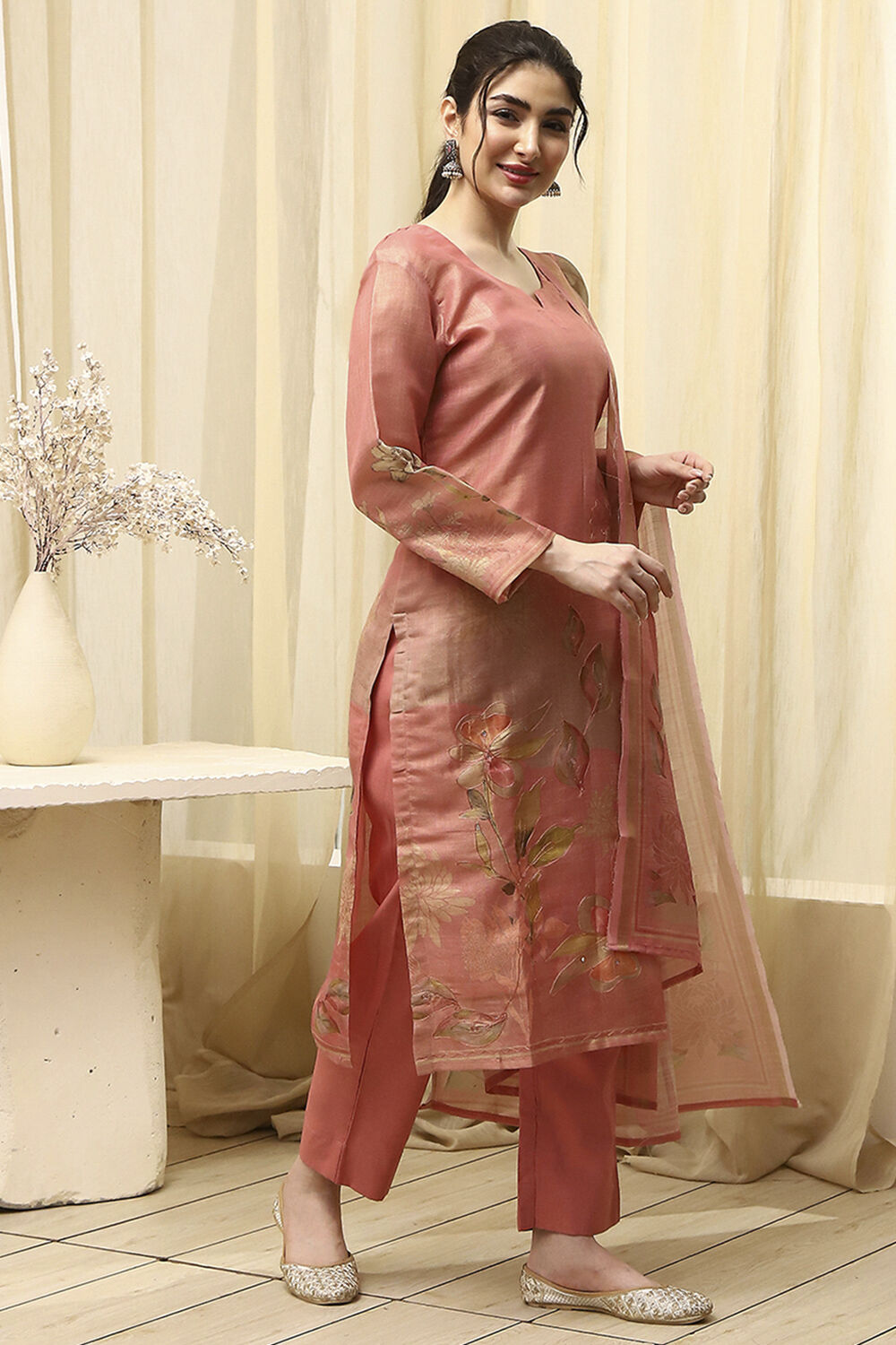 Maroon Linen Printed Embroidered Unstitched Suit Set image number 6