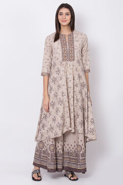 Sand Brown Cotton Flax A Line Kurta image number 3