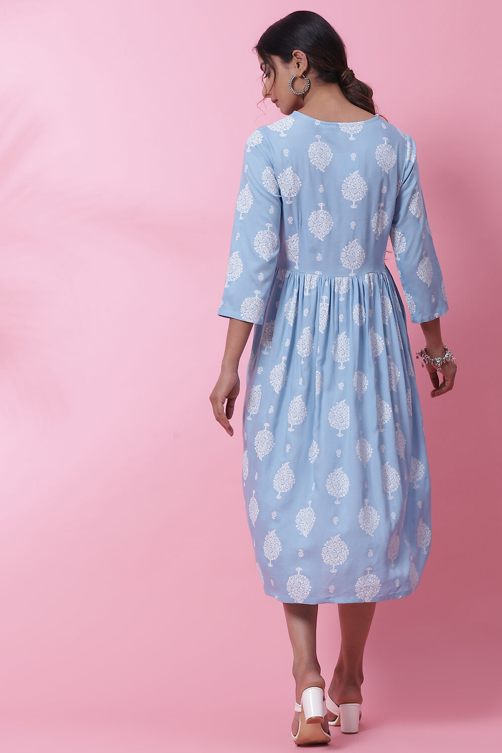 Powder Blue Rayon Printed Kurta Dress image number 4