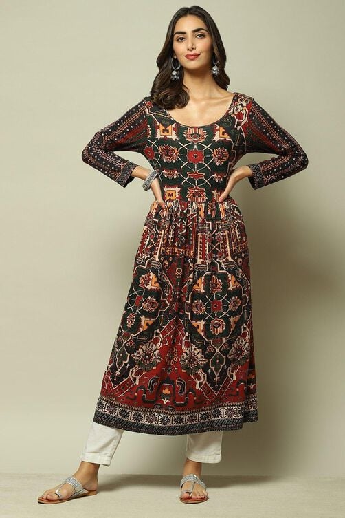 Rust Cotton Blend Flared Printed Dress image number 0