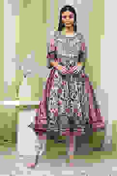 Beige Cotton Anarkali Printed Kurta Suit Set image number 6