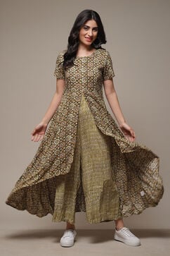 Olive Rayon Printed Jumpsuit Dress image number 0