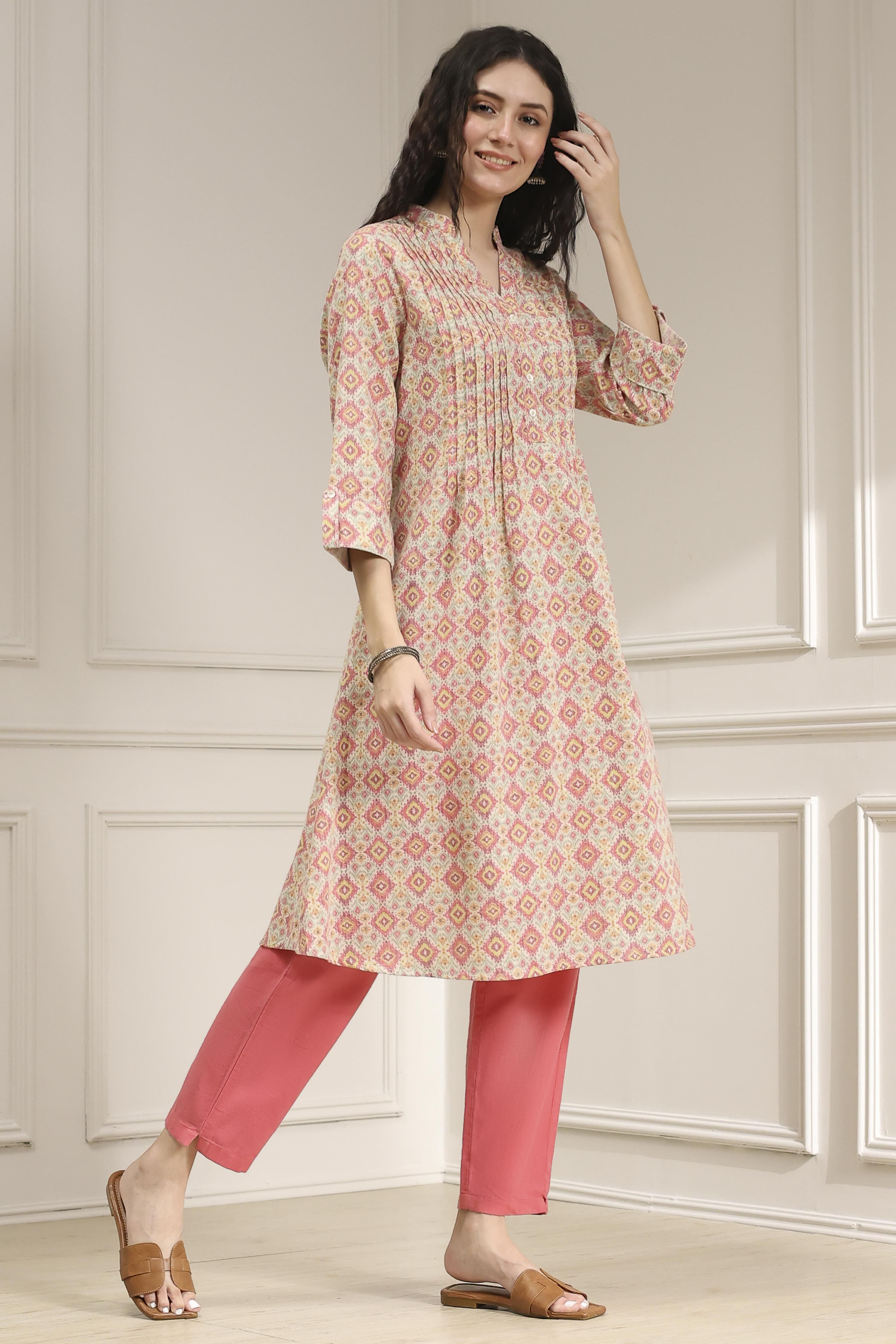 Blue Cotton Printed A-Line Kurta image number 4