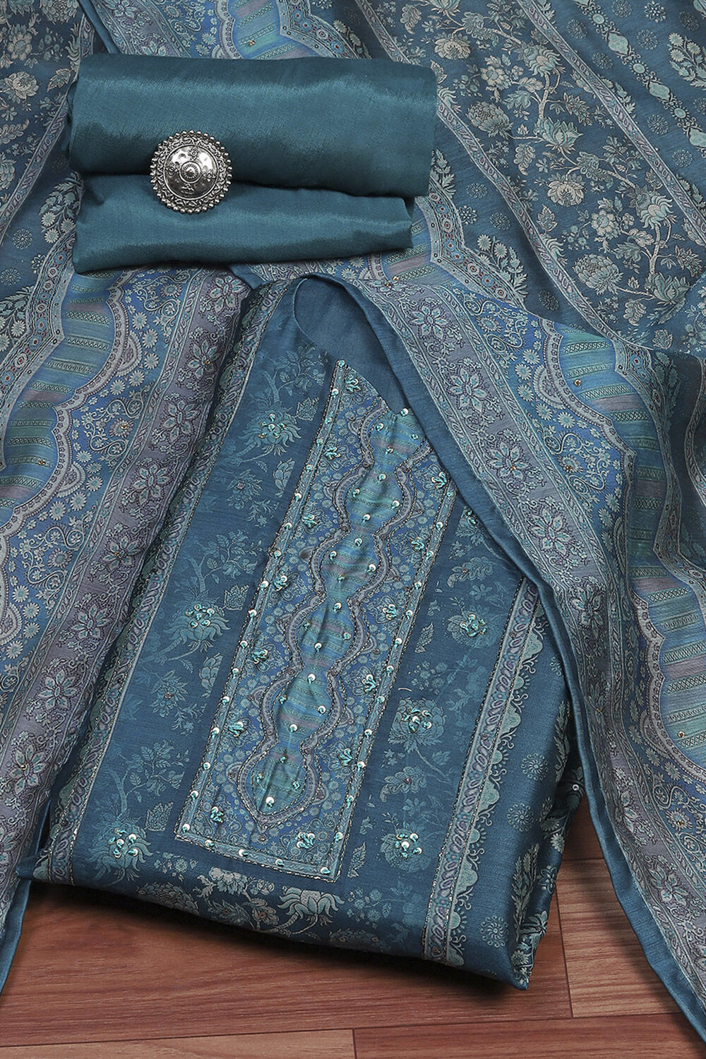 Teal Chanderi Unstitched Suit Set image number 0