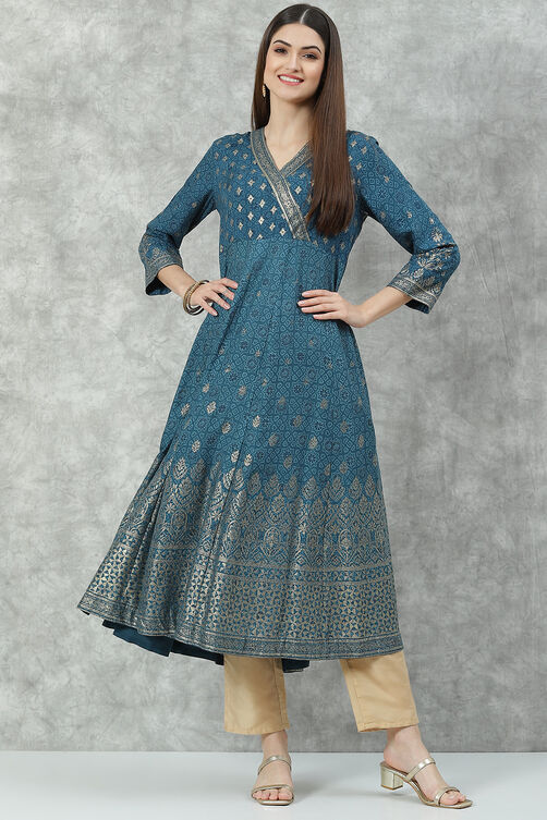 Teal Rayon Flared Printed Kurta image number 0