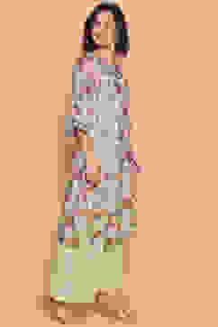 Light Green Cotton Floral Straight Suit Set image number 5