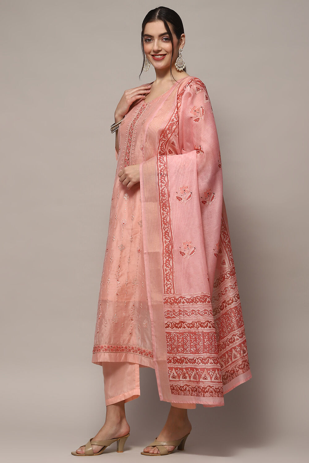 Baby Pink Chanderi Blend Unstitched Suit set image number 5