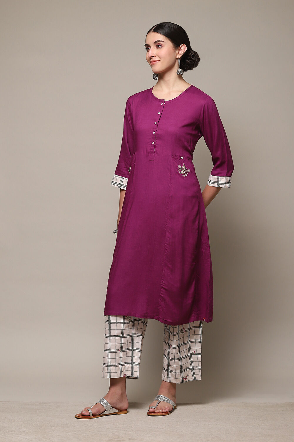 Pink & Purple Solid Rayon Straight Suit Set image number 3