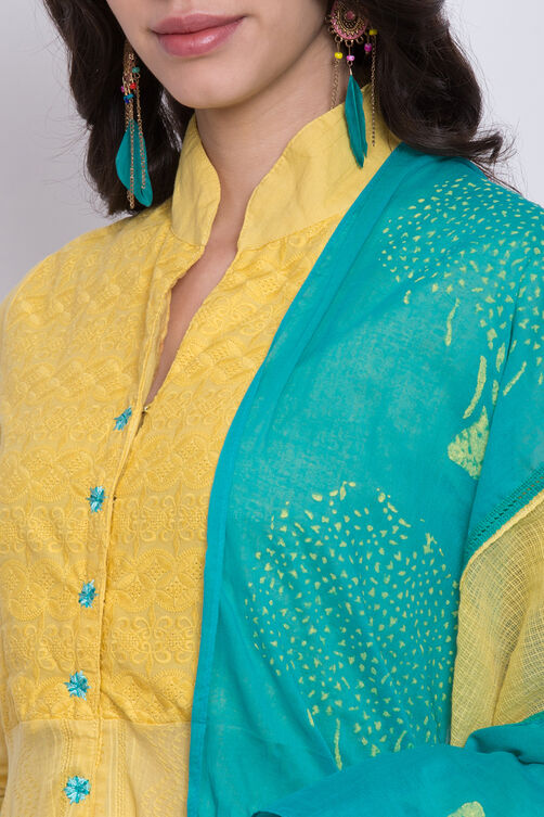 Yellow Cotton Asymmetric Kurta Churidar Suit Set image number 1