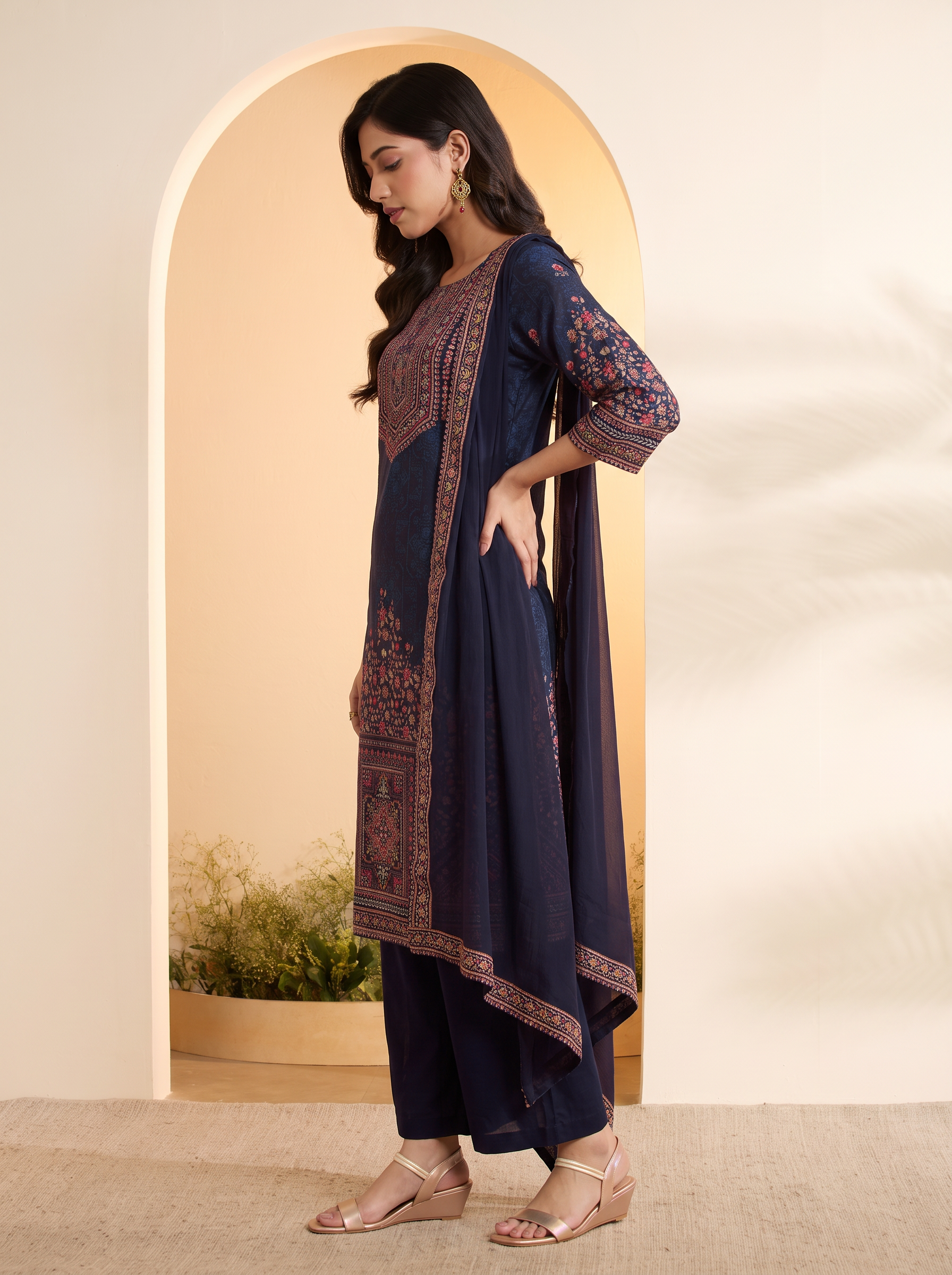 Blue Viscose Silk Printed Straight Kurta Set image number 4