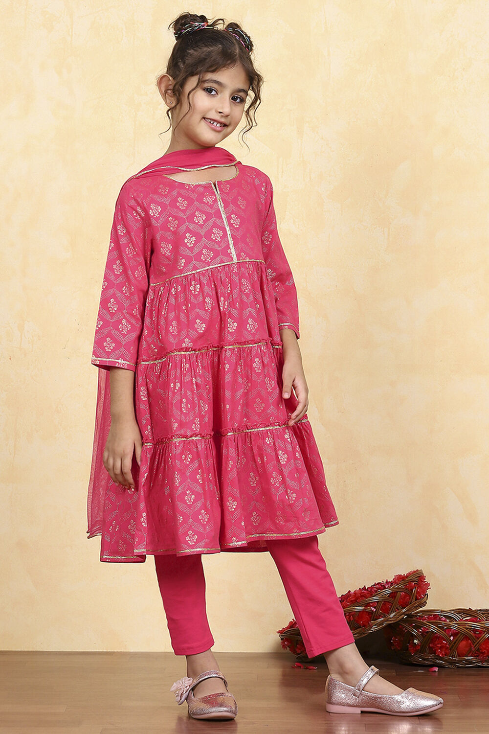 Blue Cotton Tiered Printed Kurta Churidar Set image number 7