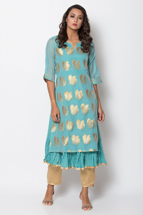 Peach Poly Metallic Cotton Flared Yarndyed Kurta image number 0