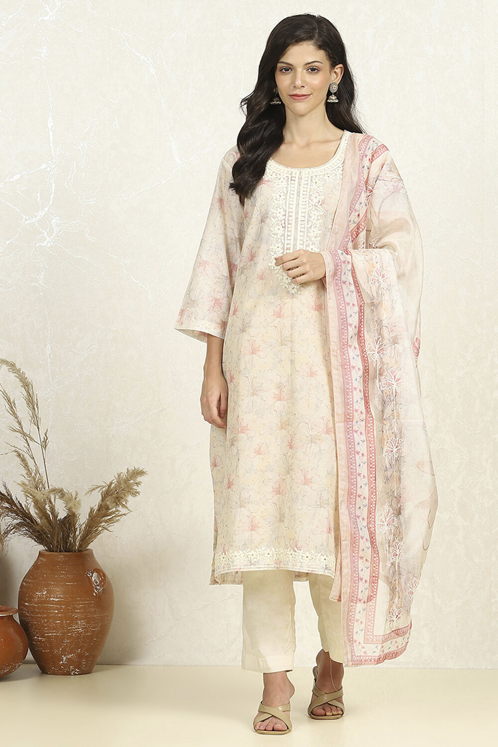 Light Pink Chanderi Unstitched Suit Set image number 7