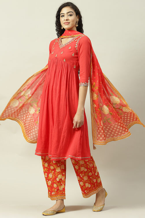 Red Cotton Flared Kurta Palazzo Suit Set image number 5