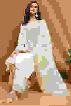 Off-White Silk Embroidered Festive Straight Suit Set image number 0