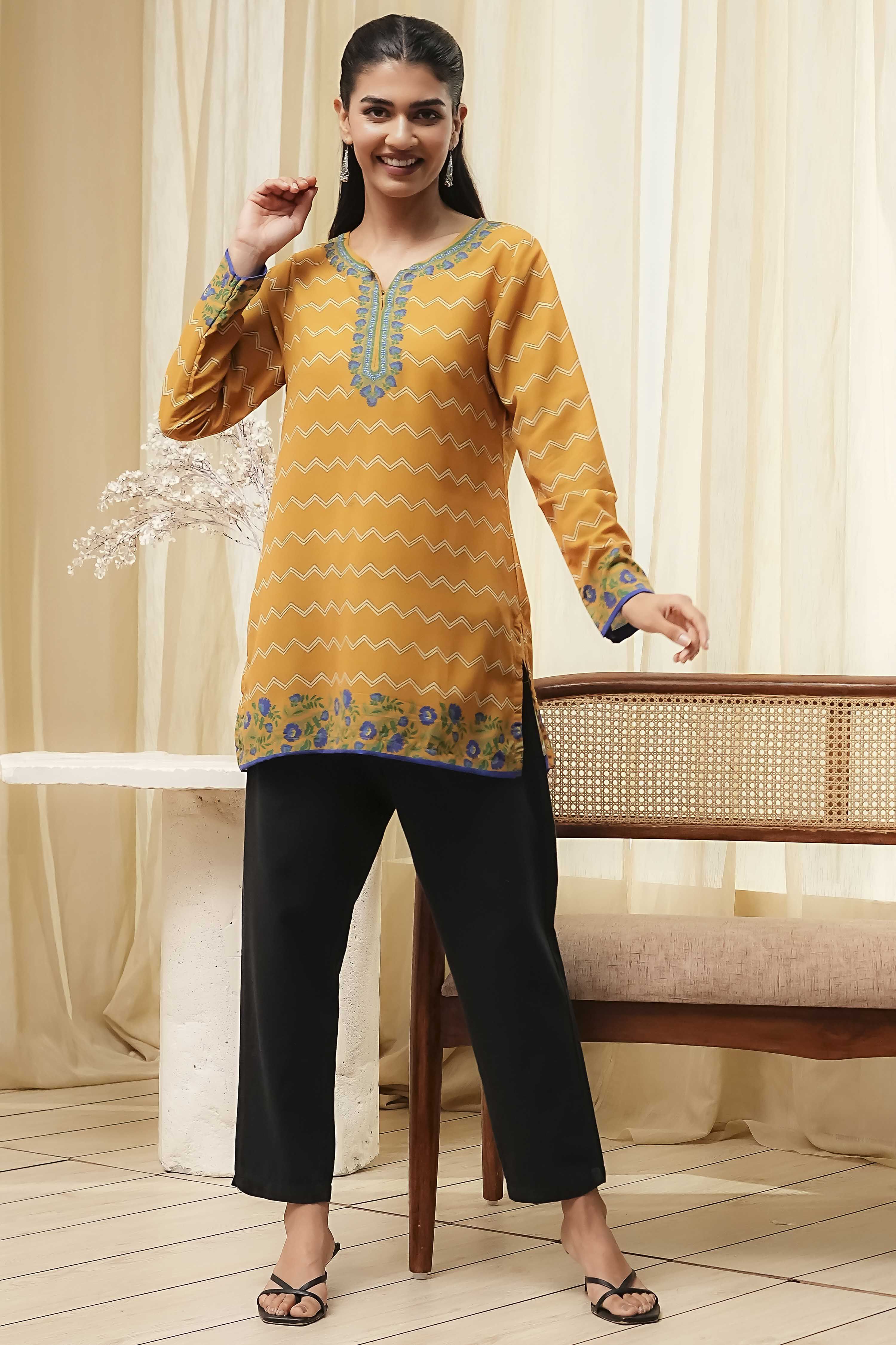 Mustard Yellow Printed Straight Short Kurta image number 0