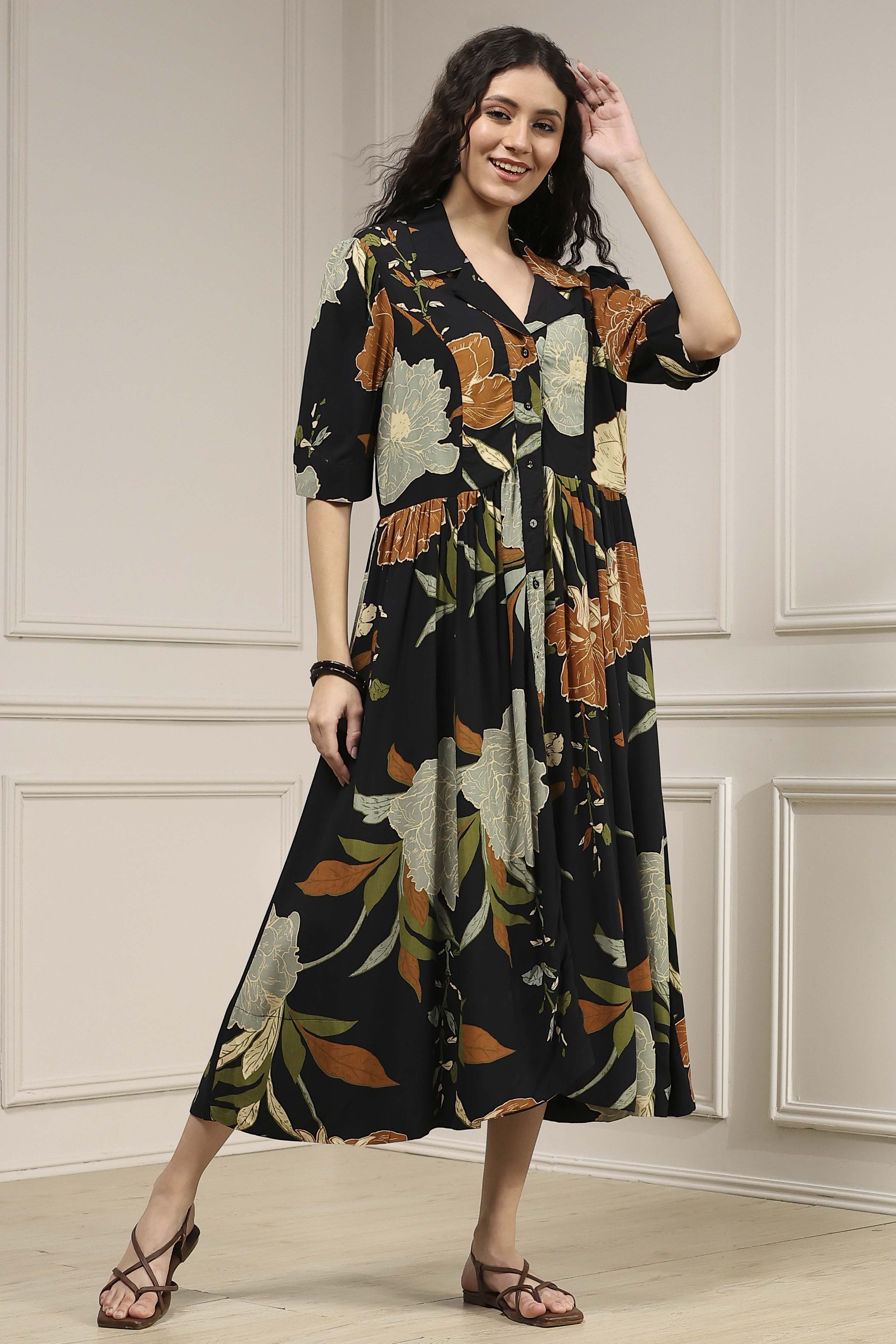Black Viscose Rayon Straight Printed Dress image number 4