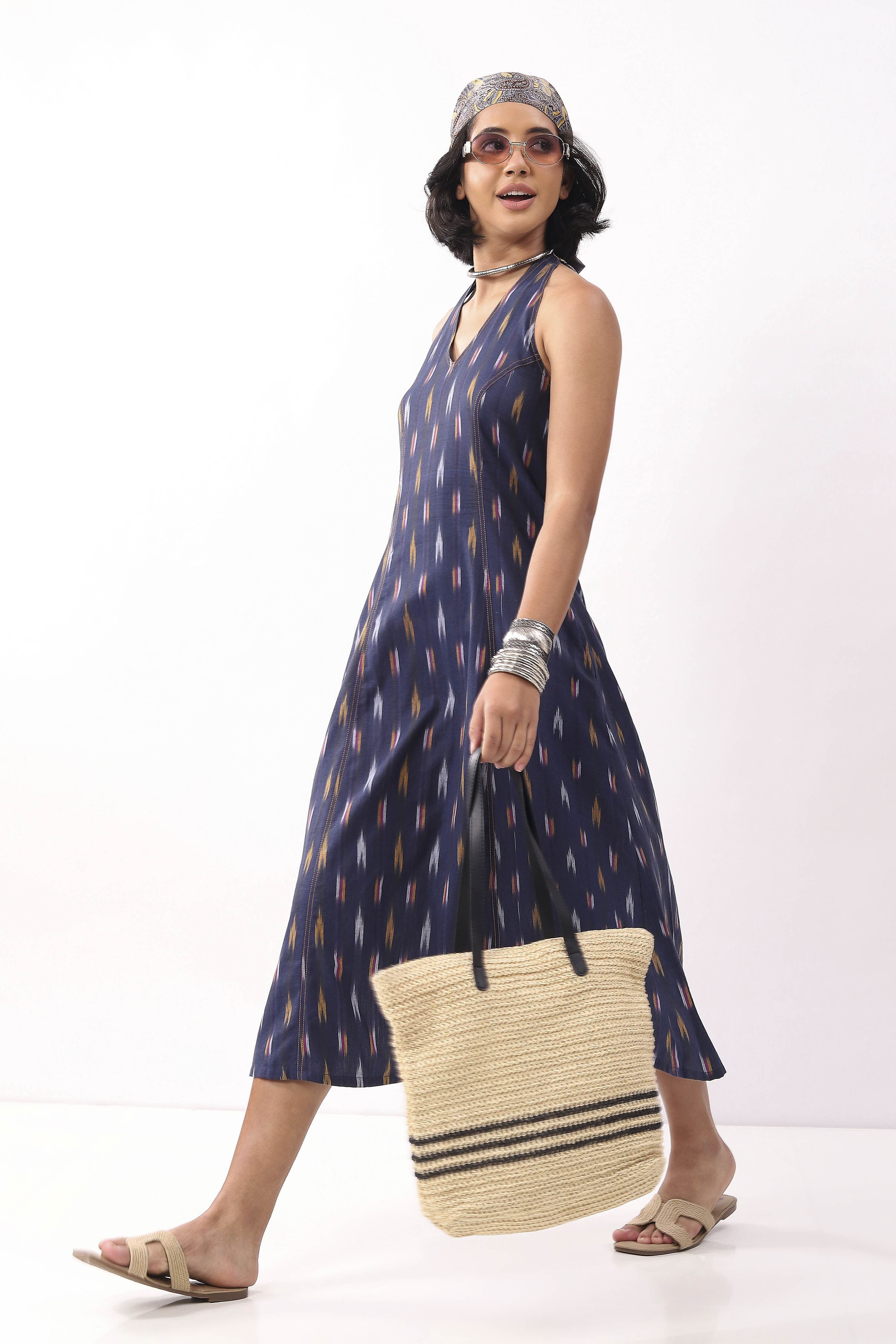 Navy Blue Cotton Abstract A-Line Midi Dress image number 7
