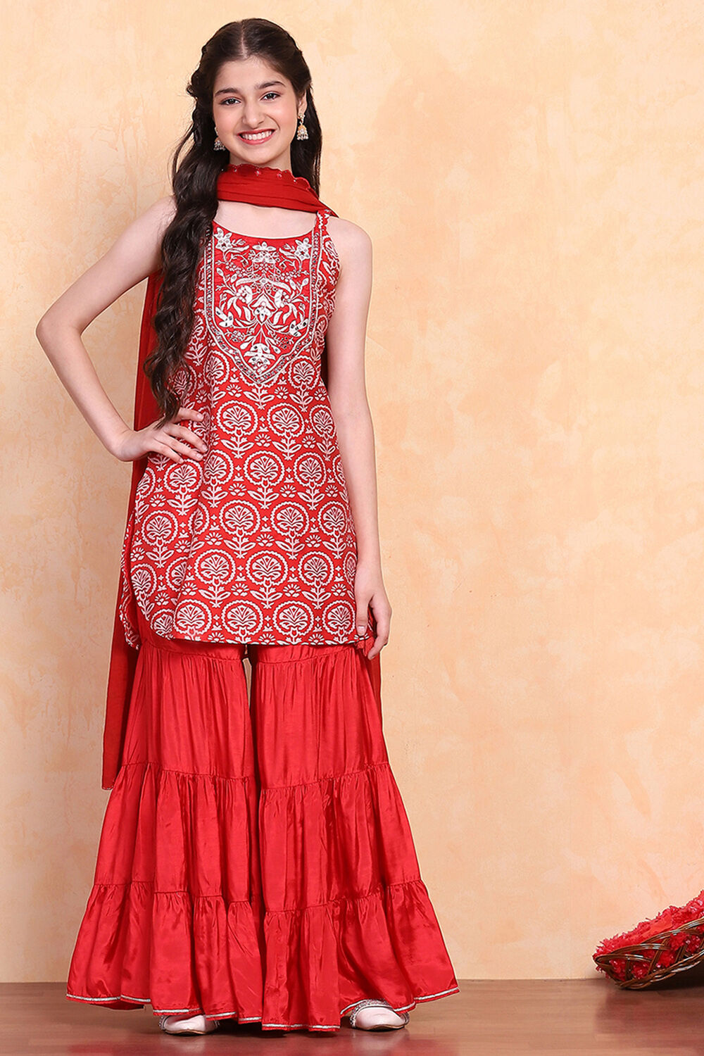 Red Printed Strappy Straight Suit Set image number 0