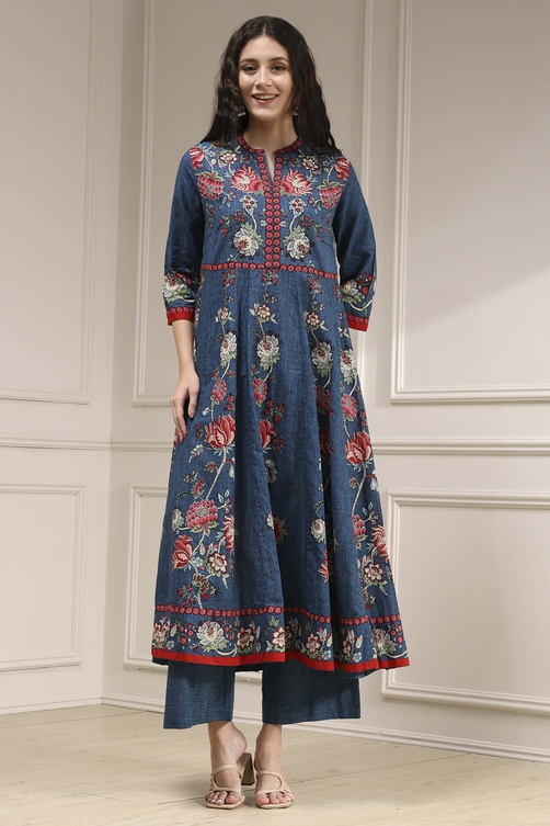 Blue Cotton Printed Anarkali Suit Set image number 6