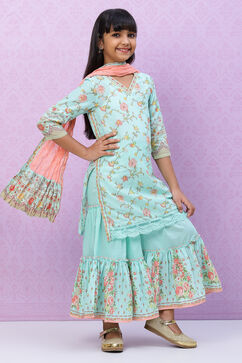 Turquoise Cotton Girls Straight Kurta Sharara Suit Set image number 3