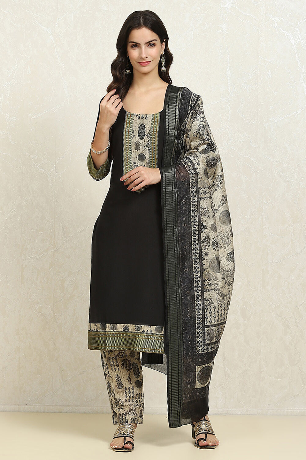 Turquoise Cotton Printed Unstitched Kurta Set image number 1