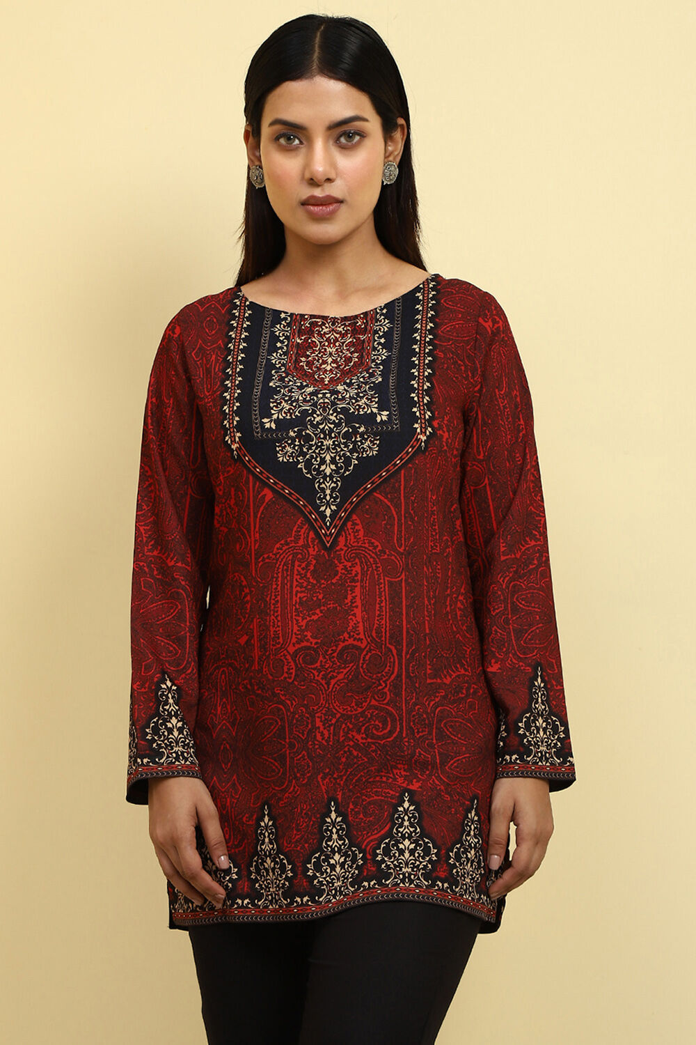 Maroon Polyester Straight Kurti image number 5