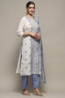 White Blue Cotton Blend Unstitched Suit set image number 7