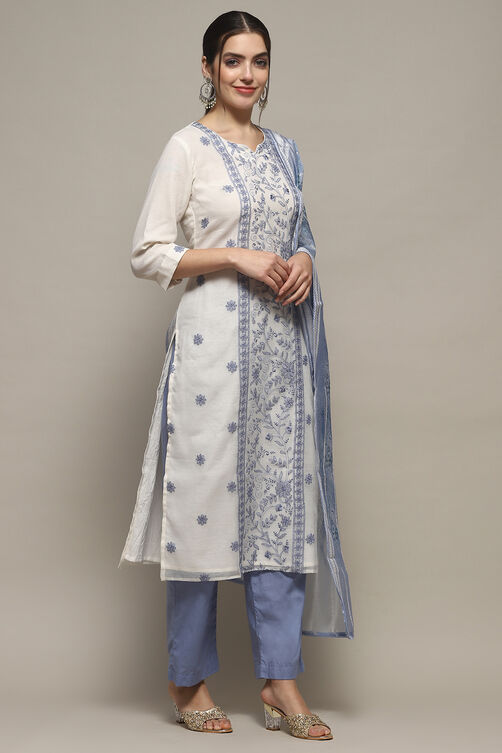 White Blue Cotton Blend Unstitched Suit set image number 7