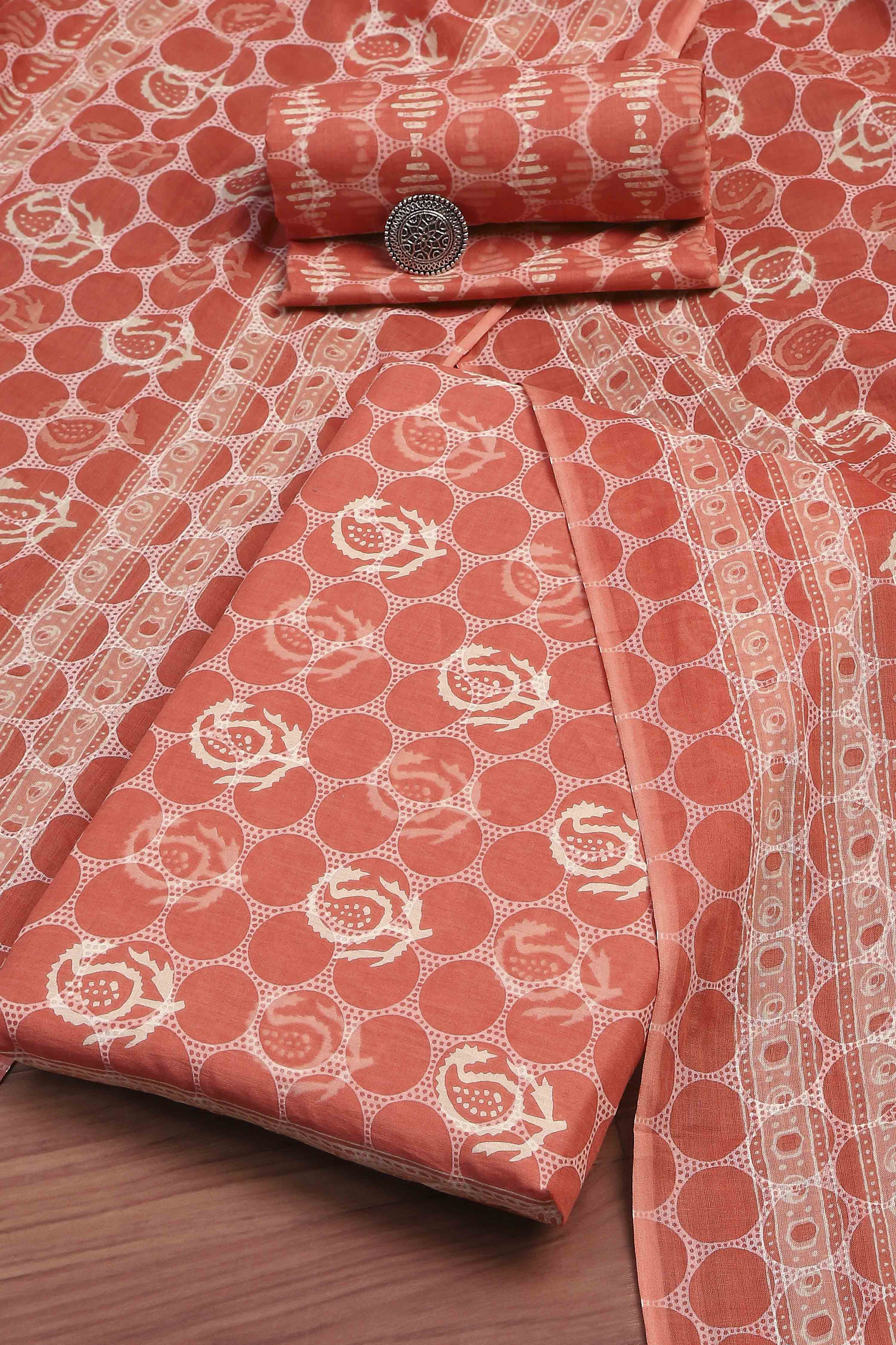Coral Cotton Screen Print Unstitched Suit Set image number 0