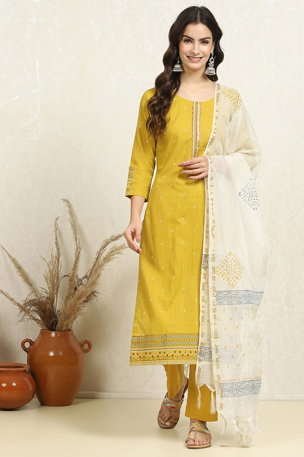 Yellow Cotton Handloom Unstitched Suit Set image number 1